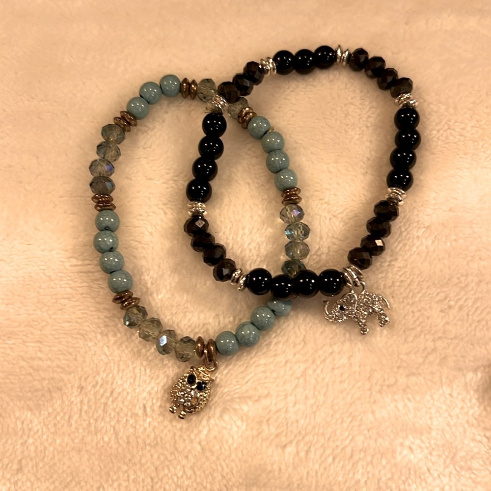 2 Stretchy Bracelets. Elephant & Owl Charm